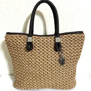 VINTAGE BRIGHTON RAFFIA STRAW PURSE W/ BRAIDED LEATHER HANDLES TOTE BAG